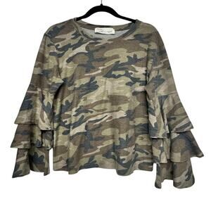 Vintage Havana Camo Ruffle Sleeve Top Size Small Soft Knit Bell Sleeve Lounge